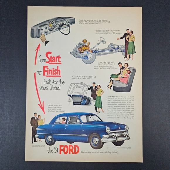1951 Ford Motors Car Vehicle Vintage Print Ad Fordcraft Fabric Garage Mancave - Picture 1 of 4